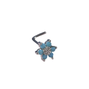 L-shaped turquoise flower nose stud made of silver metal with blue stone petals