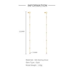 Detail view of gold S925 sterling silver drop earrings with opal stone and measurements