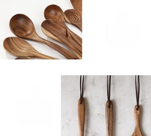 Detail of acacia wood spoon showing natural wood grain and hanging hole with dark lanyard