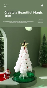 Detailed view of DIY magic Christmas tree with white fluffy crystals and golden star