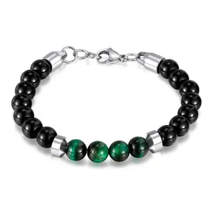 Men Beaded Bracelet Natural Tiger Eye Beryl Stainless Steel Handmade Geometric Fashion Jewelry Gift For Him