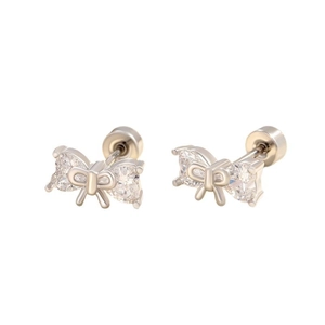 Minimalist silver bow stud earrings with clear crystals and screw back titanium posts