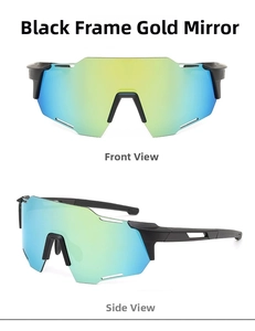 Front and side view of black frame cycling sunglasses with gold-blue gradient lenses