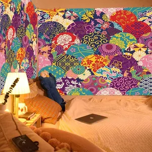 Japanese style colorful wall tapestry with floral wave patterns for bedroom decor