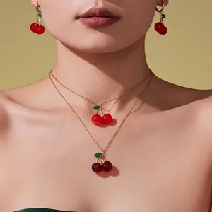 Zoete Kers Hanger Sieradencollectie Roestvrij Staal 18K Verguld Hars Dubbellaagse Ketting En Oorringen Vrouwen
