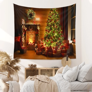 Detailed Christmas scene on tapestry with lit tree and cozy fireplace for wall decor