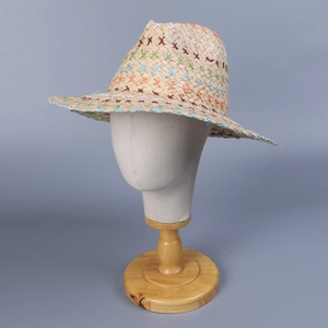 Bohemian handmade straw hat with colorful cross-stitch embroidery and wide sun protection brim