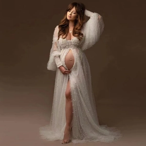 Elegant white maternity photo shoot dress with pearl beads and tulle long sleeves