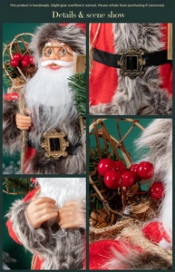 Macro details of Santa figure showing white beard, gold glasses and fuzzy fur trim