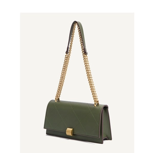 Olive green quilted chain shoulder bag with gold hardware shown from a 45-degree angle
