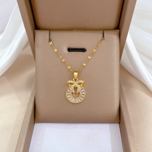 Stainless Steel Bowknot Circle Pendant Necklace Copper Zircon Inlaid Palace Style Luxury Jewelry For Women