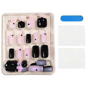 Pink and black heart patterned toenail press-on set with nail file and adhesive tabs