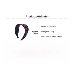 Detailed view of dark blue fabric headband with red wavy trim and measurement dimensions