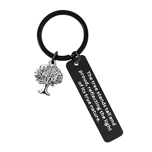 Inspirational metal keychain with tree charm and engraved rectangular black tag