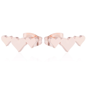 Detail of rose gold triple heart stud earrings with a polished finish on white background