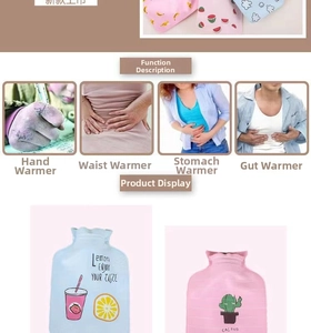 Detailed view of mini PVC hot water bottle set with leak-proof cap and fruit prints