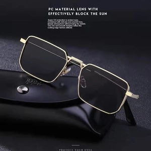Luxury gold metal rectangle sunglasses with black PC lenses and UV protection