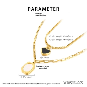 Double-layered gold stainless steel necklace with dimensions of heart and shell pendants
