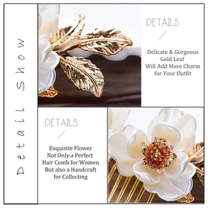 Detail of handmade bridal hair comb with gold leaves and white translucent petals