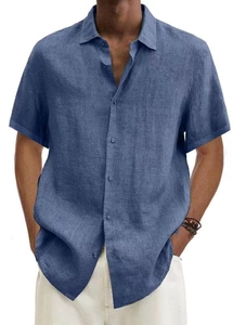 Camicia casual da uomo in lino blu scuro con scollo a V e bottoni a maniche corte