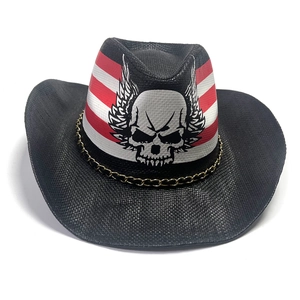 Close-up of black cowboy hat with skull emblem, American flag patterns and gold chain