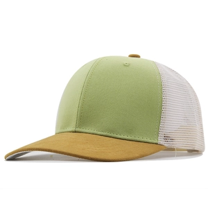 Mesh trucker hat in green and yellow with breathable white netting for outdoor sports
