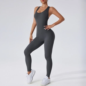 Sleeveless backless deep grey catsuit yoga jumpsuit with high elasticity and body sculpting