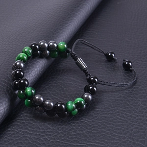 Natural green tiger eye and black onyx double-layer beaded bracelet with adjustable cord
