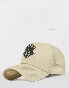 Detail of breathable mesh baseball cap with 3D embroidery and curved visor
