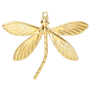 Macro detail of golden dragonfly pendant with intricate wing patterns and mirror finish