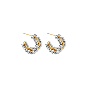 Three-row bicolor titanium steel C-hoop earrings featuring gold and silver bead rows