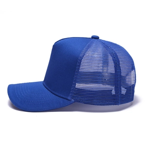 Classic navy blue mesh trucker hat with curved brim and breathable polyester mesh back