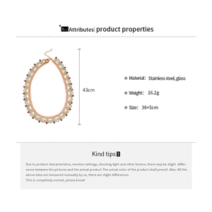 Detail showing colorful glass beads and stainless steel necklace with 38+5cm dimensions