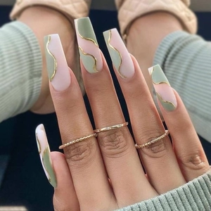 Matte Sage Green Pink Color Block Coffin Press On Nails With Gold Foil Wave Design French False Nails For Women