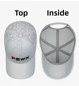 Top view and interior detail of light grey mesh baseball cap with FEWK embroidery