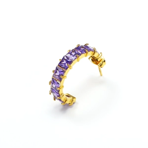 Chic gold-plated C-shaped stud earrings featuring square-cut purple zircon gemstones
