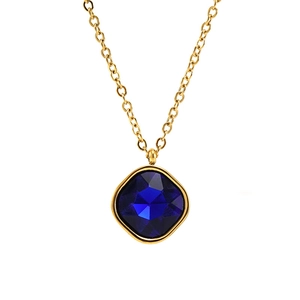 18K gold plated stainless steel necklace with square blue zircon pendant on white background
