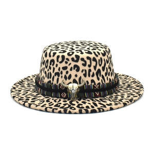 Flat top leopard print wool fedora with colorful tribal band and metal bull head accessory
