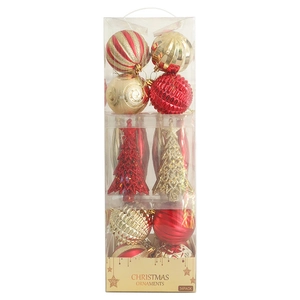 34-piece red and gold Christmas ornament set in box with various textured Baubles