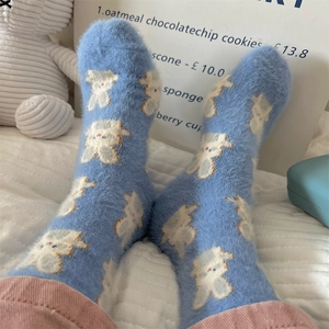 Plush light blue winter thermal socks with cute sheep pattern for cozy home wear