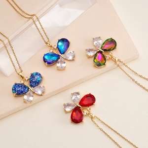 Fashionable gold butterfly pendant necklace set with colorful zircon and crystals