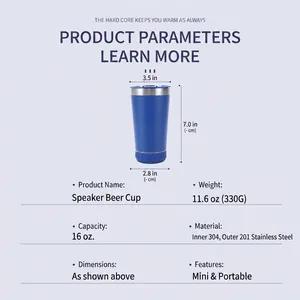 Blue 16oz stainless steel tumbler with integrated Bluetooth speaker and 304 steel liner