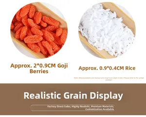 Detailed size comparison of artificial PVC red goji berries and white rice models