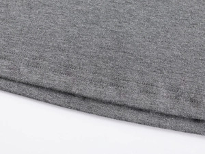 Close-up of double-needle stitching and knit texture on gray V-neck T-shirt