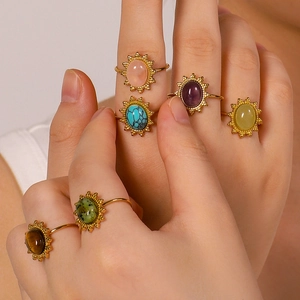 Stackable vintage sunflower rings with natural tiger eye and turquoise stones for women