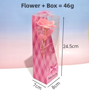 Pink gold foil rose in translucent gift box showing size dimensions 24.5x8x7cm