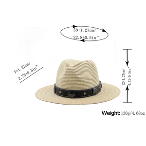 Detail of straw Panama hat with black leather band and metal buckle weighing 130g