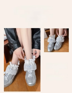 Close-up of white lace ruffle socks with wave embroidery and Minor Studio brand label