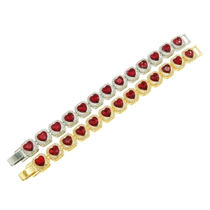 Hip hop tennis bracelet with red heart rhinestones in gold and silver finish