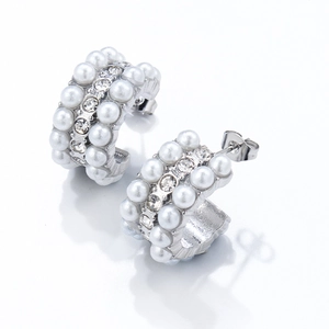 French retro C-shaped 18K gold plated stainless steel hoop earrings with pearls and crystals